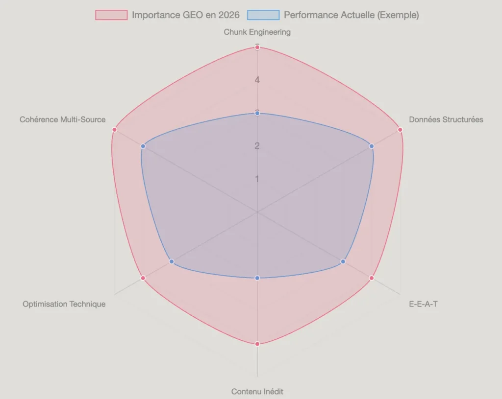  radar chart illustre l'importance relative des différentes stratégies GEO en 2026